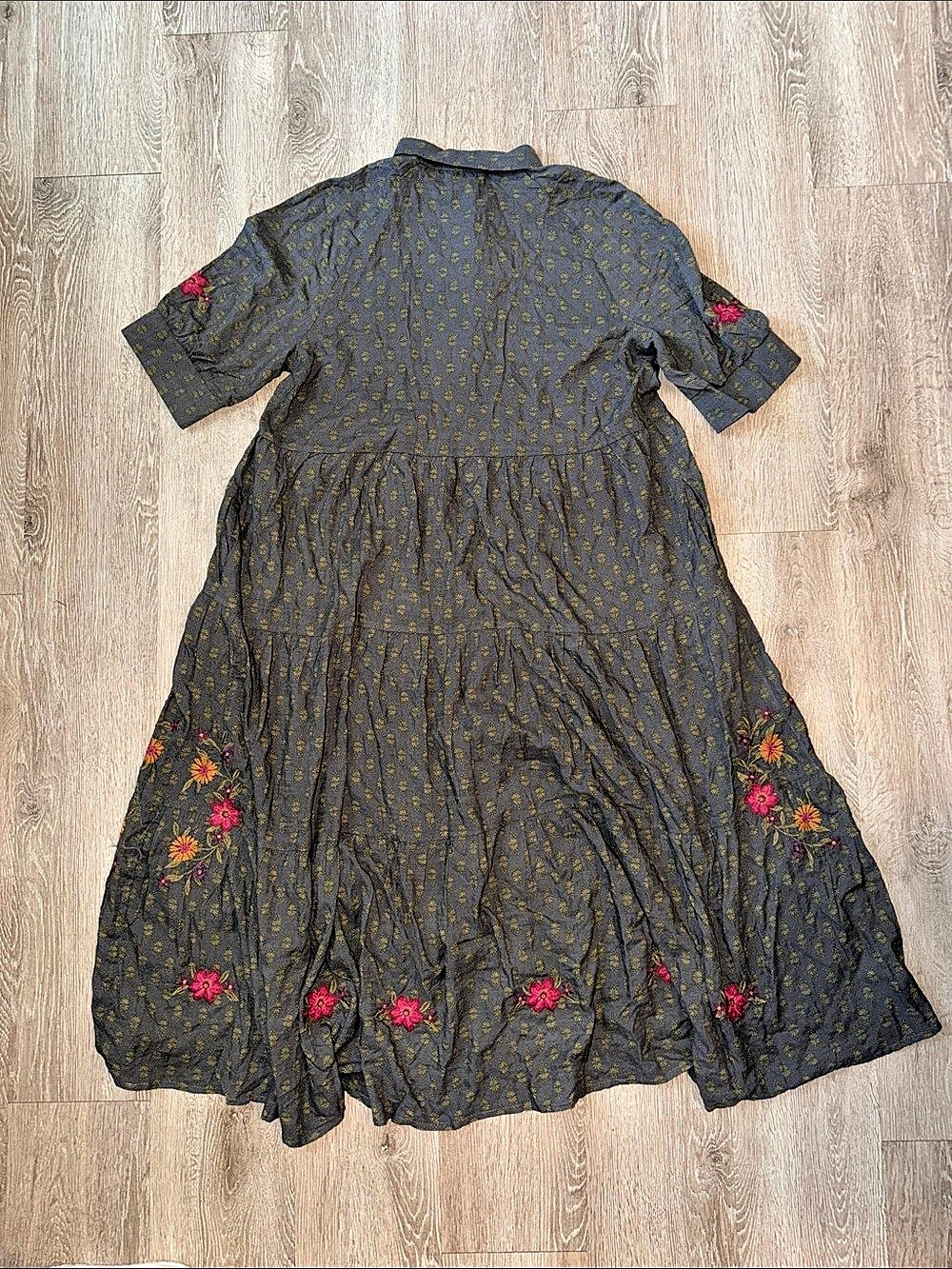 natural life Slate Gray Floral Embroidered Tiered Midi Dress Large lagenlook - Picture 7 of 7